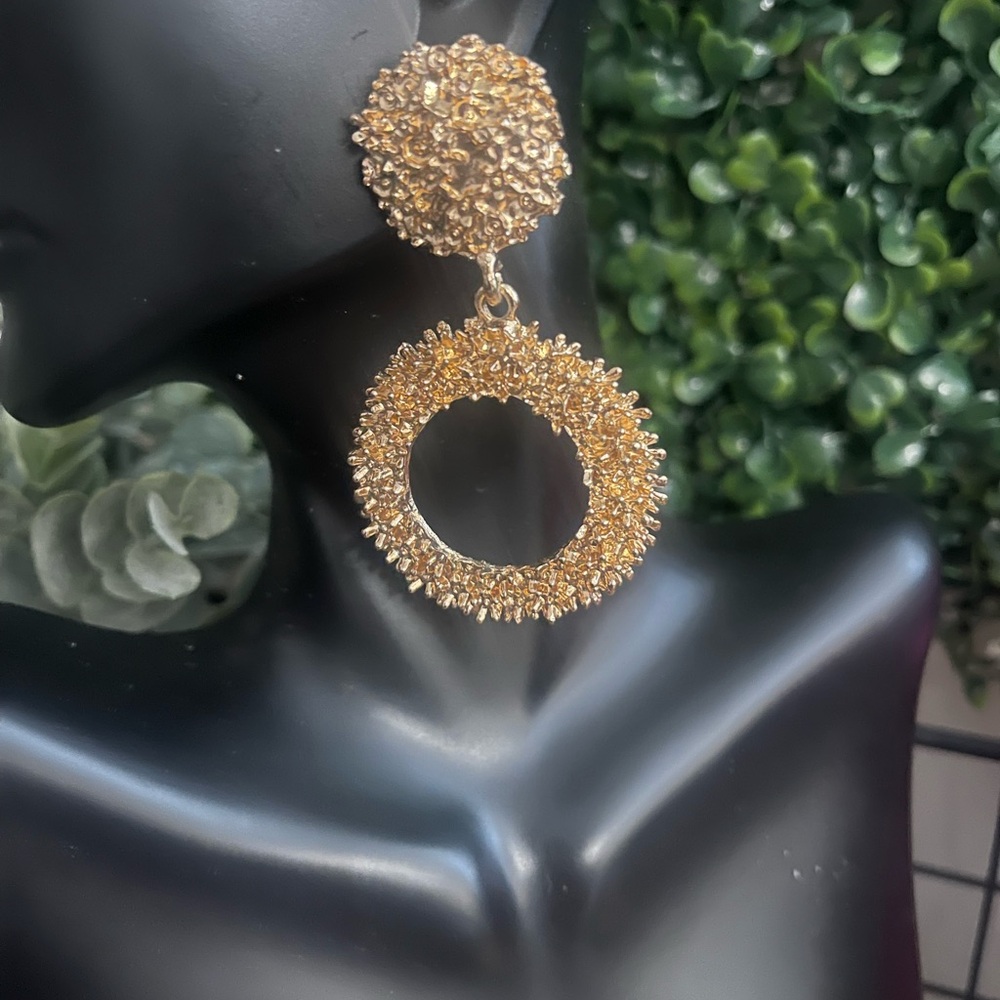 Gold Textured Statement Earrings - image 2